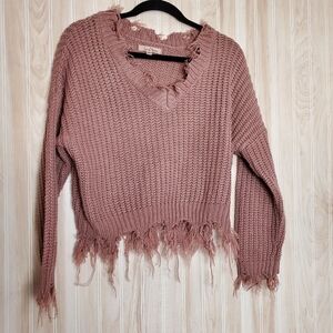 Love Tree Womens Sweater Y2K Pink Knit Cropped Long Sleeve Fringe Boho Size S